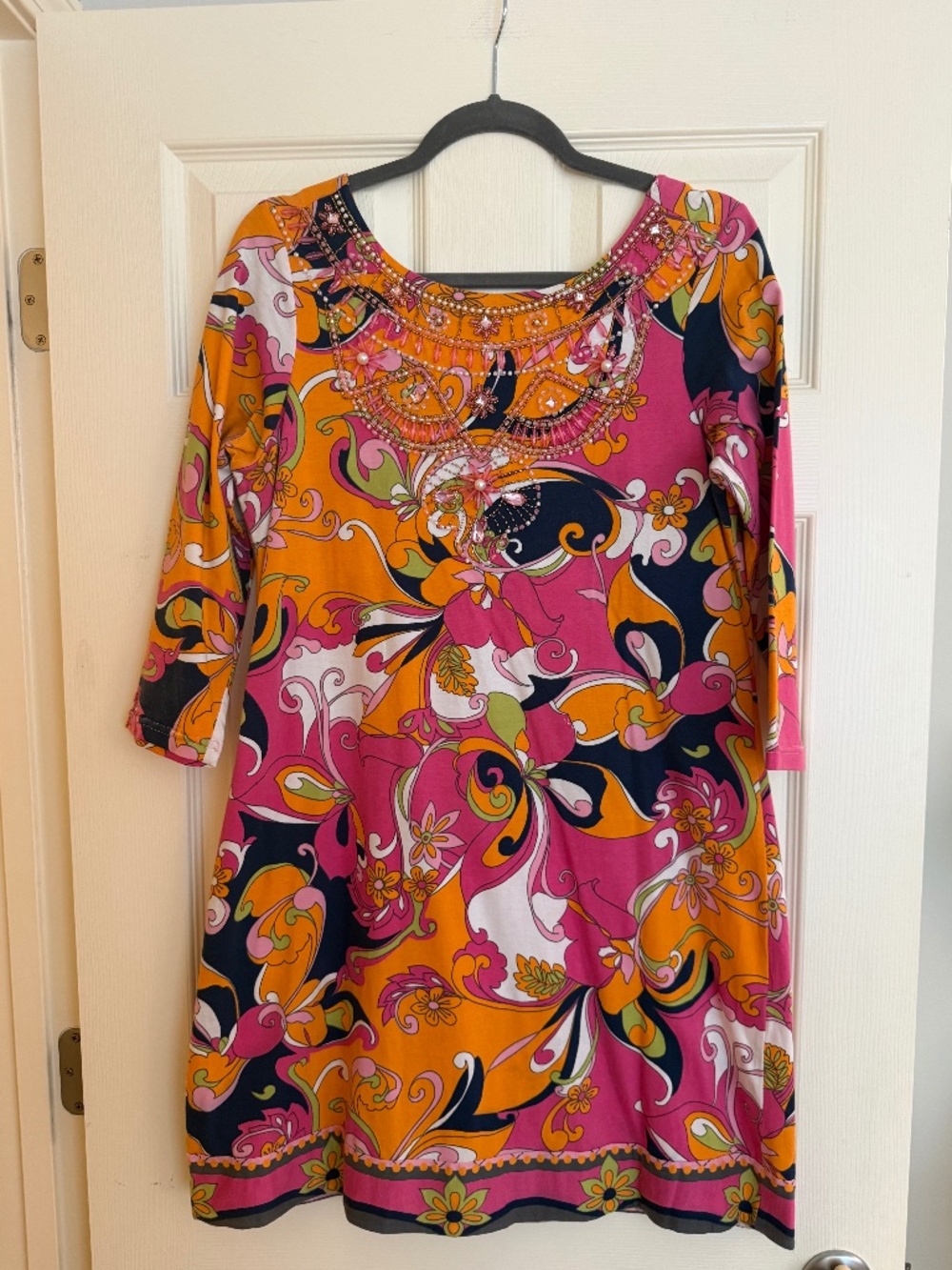 Joyous & Free Boho Pink Orange Swirl Floral Mini Dress - Size L -EUC